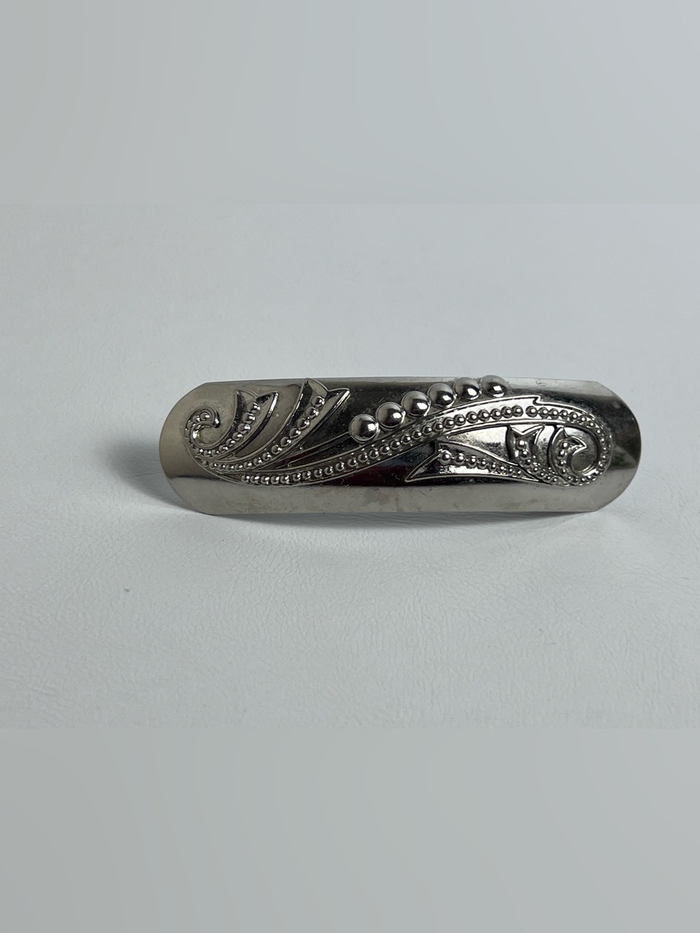 Vintage Ornate Silvertone Metal Embossed Hair Barrette Clip Scroll Bead